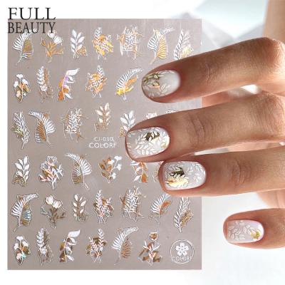 China Leaf Sliders For Nails Full Beauty White Gold Leaves 3D Nail Stickers Bronzing Flowers Gradient Sticker Decals Cute Spring Summer Sliders For Nail Art for sale