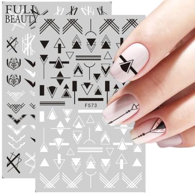 China White Line Nail Art Design Triangle Decoration Foil Decoration Full Beauty Geometry 3D Nail Sliders Cool Black Nail Art Sticker Decals Flower Leaves Gel Nail Manicure for sale