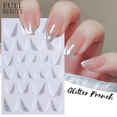 China Full Beauty Silver French Glitter Decals French Manicure Finger Line Nails Stickers Strip 3D Decals Geometry Star Oblique Shiny White Creative Manicure Tips for sale