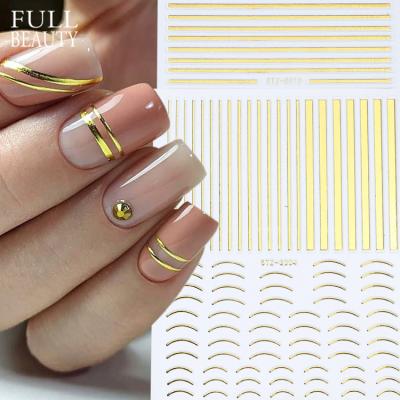 China Metal Stripe Lines Nail Aluminum Wraps Full Lines Geometric Wavy Self Adhesive Nail Art Decals 3D Nail Sticker Stripe Stripe Star Heart Slider Beauty Gold Silver for sale