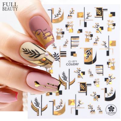 China Full Beauty 3D Black Gold Holographic Shiny Simple Nail Stickers Geometric Line Flower Girl Marble Leaf Laser Gold Flower Girl Design Leaves Nail Art Decor Self Adhesive Slider Decal for sale