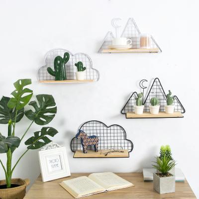 China Living Room Mountain Metal Wire Designed Decorative Wall Mounted Wooden Storage Shelves Display Racks for sale