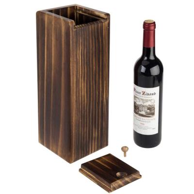 China Handmade Rustic Burnt Wood Single Bottle Wine Rack Gift Box With Slide Top for sale