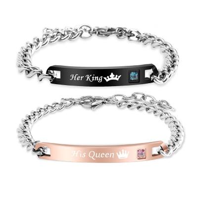 China Romantic Stainless Steel His King His Queen His Beauty His Beast Letter Bar Couples Bracelets Crown Crystal Bangle Bracelet for sale