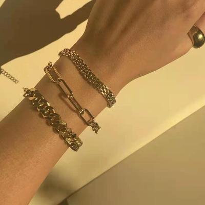 China CLASSIC Retro Mesh Belt Titanium Gold Plated Wide Bracelet 18K Gold Plated Stainless Steel Link Chain Bracelet Cuban Chain Bracelets for sale