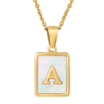 China Shell Letter High Polished 18K Gold Initial Letter Necklace Stainless Steel English Capital Jewelry 26 Square Pendant Necklace for sale