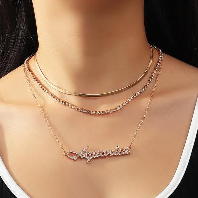 China Other Gold Plated 12 Alphabet Constellations Necklace Pendant Rhinestone Zodiac Necklace Set for sale