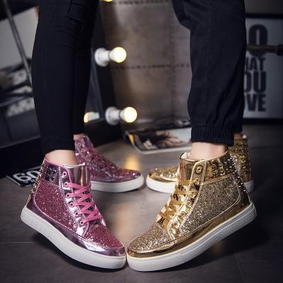 China 2022 fashion trend European men's personality rivet white shoes shiny glitter high cut wedding party dance shoes for men and women for sale