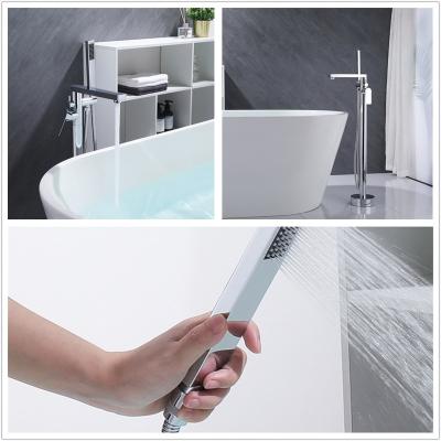 China Barless Freestanding Bathtub Faucet With Hand Shower Floor Mount Tub Taps Bathroom Black Brass New Contemporary Pattern for sale