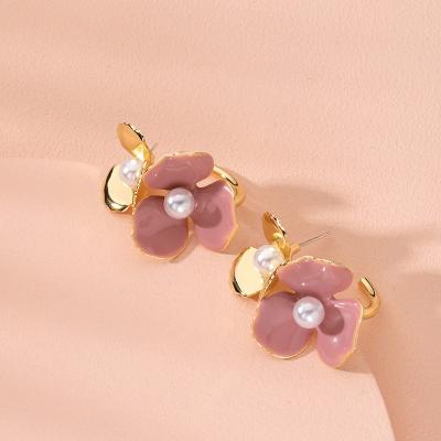 China FASHIONABLE Gold Plated C Circle Earring Rose Oil Enamel Flower Stud Earring LY645 for sale