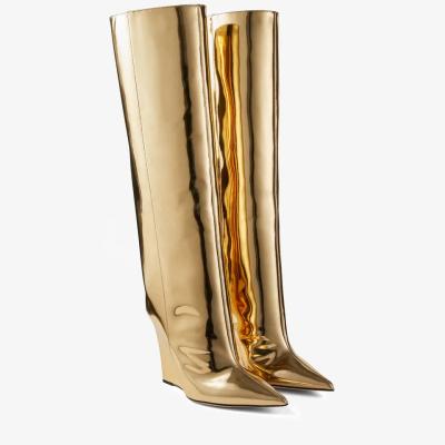 China Fashion Trend GIRL JC12 Custom Made Blake Knee Boot Women's Shoes 110 Gold Liquid Metal Leather Wedge Knee High Boots Patent Leather Women Boots for sale