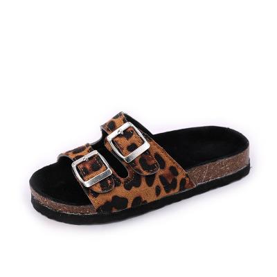 China Cushioning Cork Sandals Flat Slipper Latest Leopard Print Double Buckle Strap Adjustable Open Toe For Women Beach Casual Sandals for sale