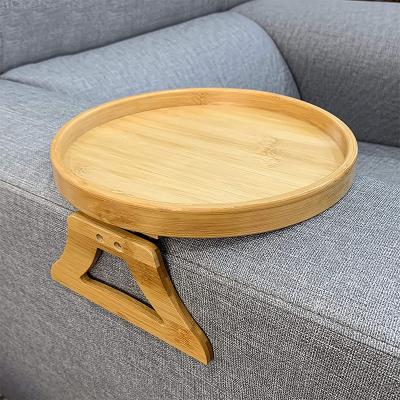 China New Design Stocked Bamboo Wood Clip On Arm Round Folding Bamboo Tray Table Sofa Couch Tray for sale