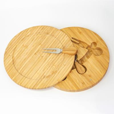 China Bamboo Wood Serving Tray Round Cheese Board Wooden Stocked Cheese Cutting Board Include Cheese Knives for sale