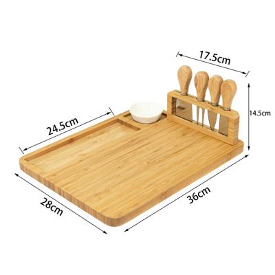 China New sustainable bamboo cheese board set with slate cheese board and tool holder includes 4 cheese knives for sale