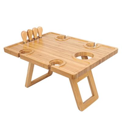 China Modern Outdoor Picnic Wine Bamboo Wooden Table Folding Portable Snack Bamboo Wine Glasses and Cheese Rack Tray for sale