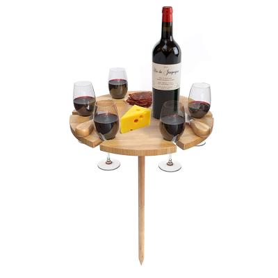 China Modern High Quality Bamboo Wooden Outdoor Round Wine Table Picnic Table Beach Table With Knife Set for sale