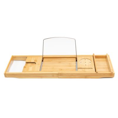 China Sustainable Expandable Removable Bathroom Panels Bamboo Extension Bath Trolley Tray With Wine Glass Holder for sale