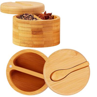 China Sustainable Bamboo Cooking Salt And Pepper Box Divided 2 Compartments Salt Cellar With Magnetic Swivel Lid And Mini Spoon Built Into Top for sale