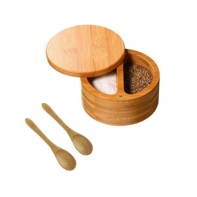 China Hot Selling 2 Compartments Built-in Serving Spoon To Prevent Lost Swivel Lid With Magnet Bamboo Storage Salt And Pepper Box for sale