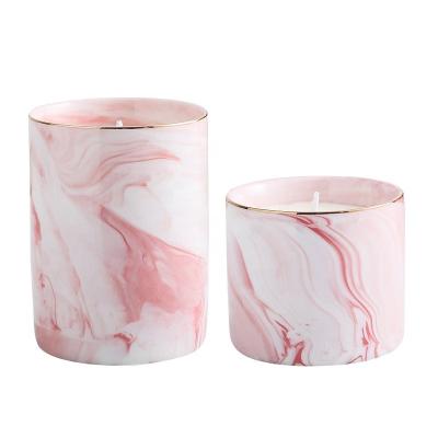 China Ceramic Jar Container For Candle Fashion Wholesale Modern Ceramic Marble Cups Decorative Candle Jar With Wooden Lid for sale