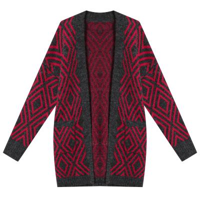 China Anti Shrink Women's Coat Cardigan Red Color Block Knitted Coat Long Sleeve Cardigan Factory for sale