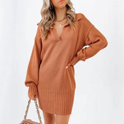 China Anti-Wrinkle Women Casual V-Neckline Knit Mini Sweater Dresses Long Sleeve Loose Fit Solid Color Edge Pullover Ribbed Pullover for sale