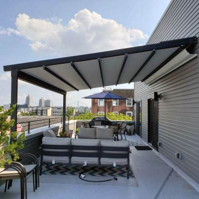 China Automatic Outdoor Patio Awning Garage Metal Systems Pergola Gazebo PVC Windproof Outdoor Opening Retractable Roof for sale