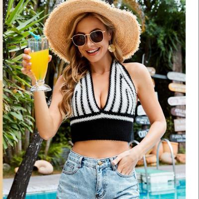 China New Women's Sexy Striped Knitted Halterneck Breathable Backless Crop Summer Top Vest for sale