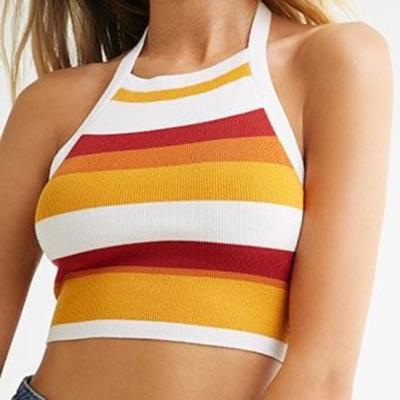 China Summer Breathable Streetstyle Contrast Striped Halter Cropped Bodycon Top Women Knitted Sweater Vest for sale