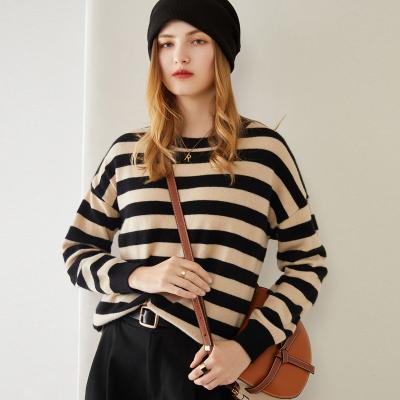 China Breathable Korean Loose Luxury Wool Knit Fall Winter Round Neck Women Pullover Striped Sweater for sale