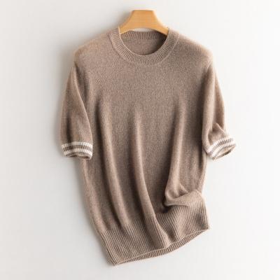 China 2021 Autumn Fashion Contrast Crew Neck Breathable Cashmere Casual Sweater Thin 100% Knitted Sweater For Women for sale