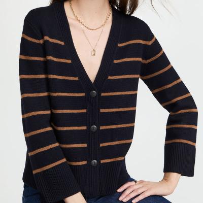 China Breathable Process Customized Low Batch Production Striped Contrast Color Knit Sweater Knit Women Cardigan for sale