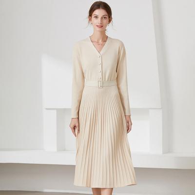 China Autumn Winter New Anti-Static V-Neck Knee-Length Pleated Women Long Knit Sweater Dress for sale