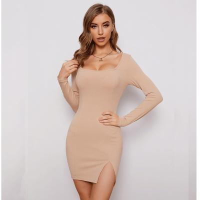 China Wholesale New Summer Breathable Solid Square Neck Spring Long Sleeve Knit Bodycon Ladies Mini Dress for sale