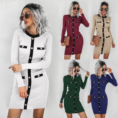 China Casual Breathable Winter Custom Design Basic Solid Women Long Sleeve O-Neck Knit Bodycon Sweater Dress for sale