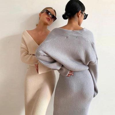 China Custom Designer Breathable Autumn Winter Sexy Casual Women Knitted Long Sleeve Sweater Skirt 2 Piece Set for sale