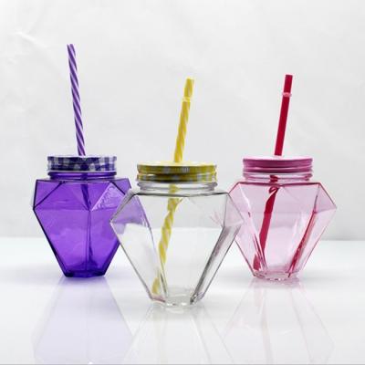 China Unique 500ml Personal Care Colors Gem Shape Glass Bottle With Screw Top And Straw For Drink/Juice/Coffee for sale