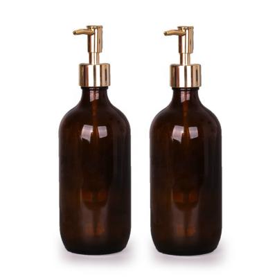 China Personal Care 500ml Amber Boston Shower Gel Liquid Hand Soap Glass Bottles With Pump Dispenser Pump Bottle For Cosmetic for sale