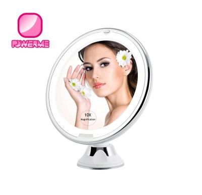 China Lighted Bathroom Makeup Mirror With Led Lighted Power Suction Cup Magnifying Bath Mirror for sale