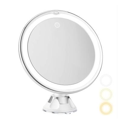 China 10X Magnification Mirror Lighted With Lights Vanity Makeup Mirror With 3 Color Lighting Powerful Suction Cup Bathroom Mirror for sale