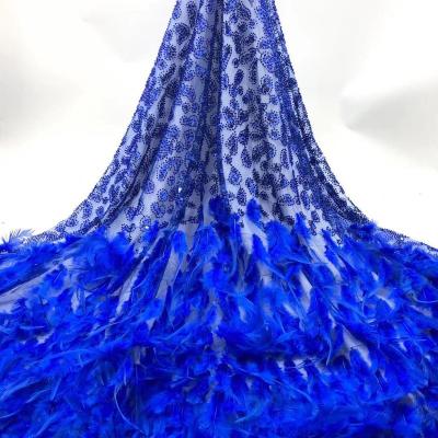 China Z009 Blue Feather Tulle Lace Fabric Wedding Lace Fabric Viable High Quality Sequin African Embroidery Lace Fabric With Beads for sale