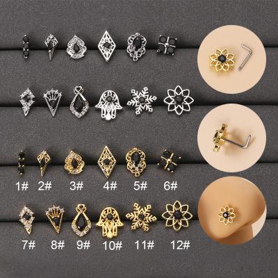 China TRENDY New Fashion Retro Black Zircon Nose Stud Stainless Steel L Shape Nose Piercing Jewelry for sale