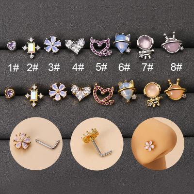 China TRENDY New Fashion Nose Jewelry Colorful Zircon Heart Flower Shape Nose Stud Stainless Steel L Shape Nose Piercing Stud for sale