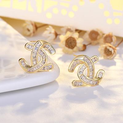 China TRENDY Korean Fashion Luxury Zircon Letter C Gold Plated Earring For Women for sale