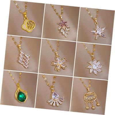 China TRENDY 18K gold plated stainless steel chain pave zirconia four leaf flower pendant necklace for women for sale