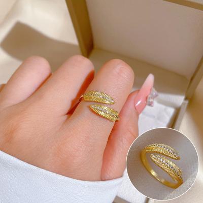 China TRENDY Korean Fashion Cute Zircon Leaf Adjustable Open Ring For Women 14K Gold Plated Jewelry for sale