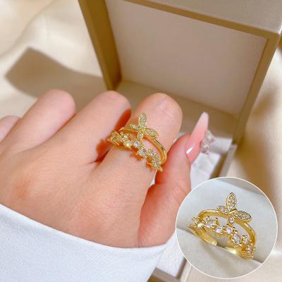 China TRENDY Korean Fashion Cute Zircon Butterfly Adjustable Cocktail Ring For Women 18K Gold Plated Jewelry for sale