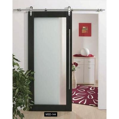 China High Quality Waterproof Design Black Wooden Bathroom Door Plank Pattern Glass Barn Door for sale