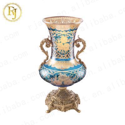 China Idishlar Gold Pattern Chinni Posuda Vase Crystal Blue Home Decor Vases Dubai Turkey Traditional Full Gift for sale